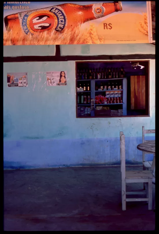 Beer advertisement above bar window