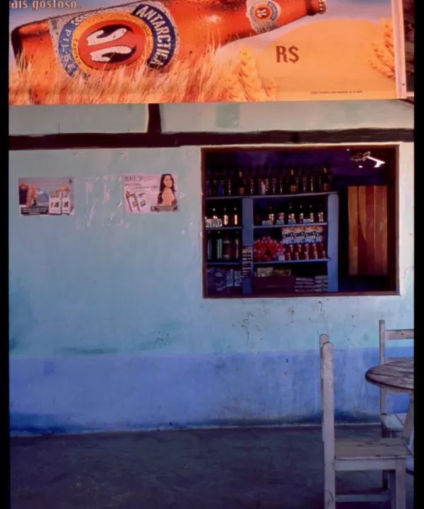 Beer advertisement above bar window