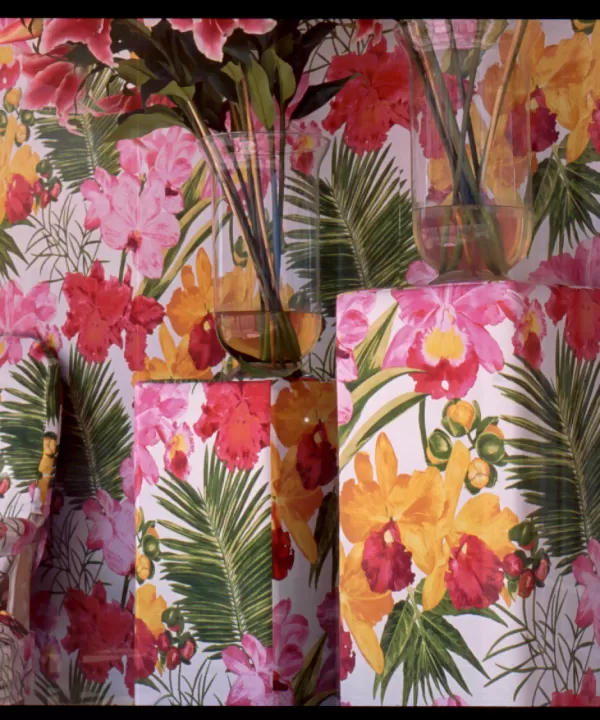 Floral wallpaper with matching planters